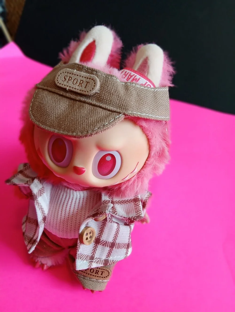 Plush Labubu doll outfit: with 'SPORT' Visor, Plaid Jacket, And Jumpsuit Outfit.